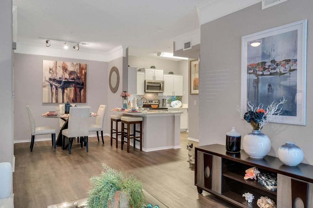 Fully furnished apartment with wood style flooring at Dawson in Orlando, Florida