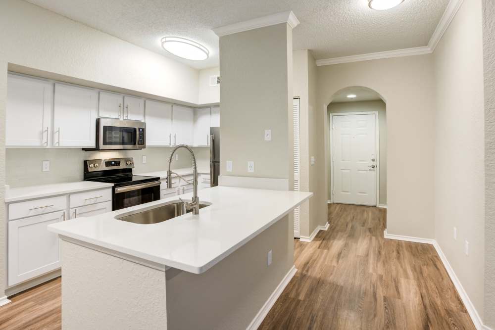 Well-equipped kitchen with granite countertops and white cabinets at Dawson in Orlando, Florida