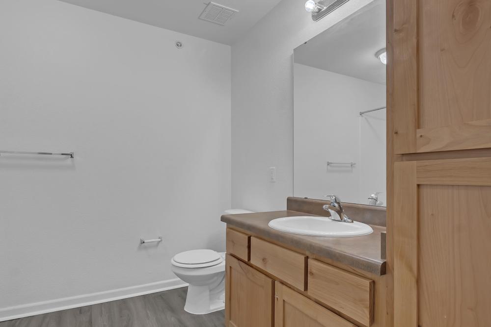 Bright bathroom with modern fixtures and wooden cabinetry at Wickham Gardens in Sapulpa, Oklahoma