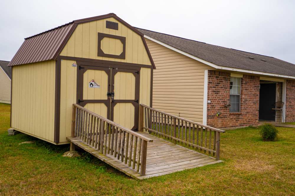 Portable lofted barn storage shed at Willowbrook II in Lafayette, Louisiana