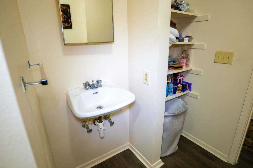 Bathroom with storage shelves and laundry bag at Willowbrook II in Lafayette, Louisiana