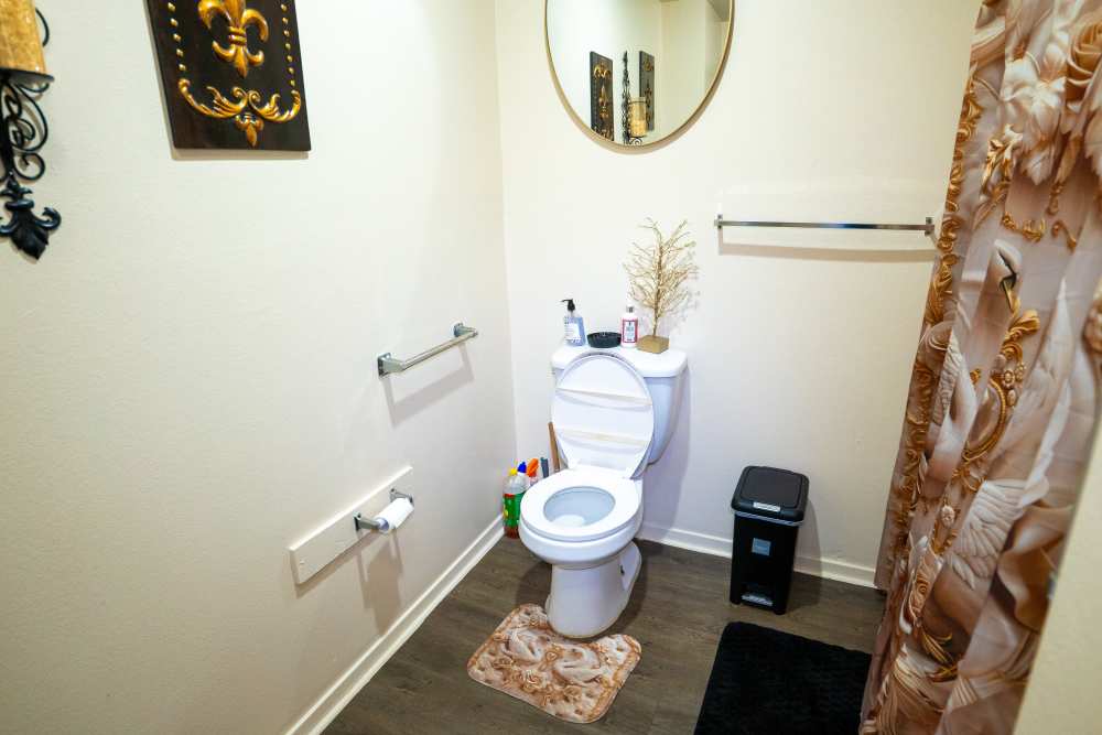Bathroom with handrails at Willowbrook II in Lafayette, Louisiana