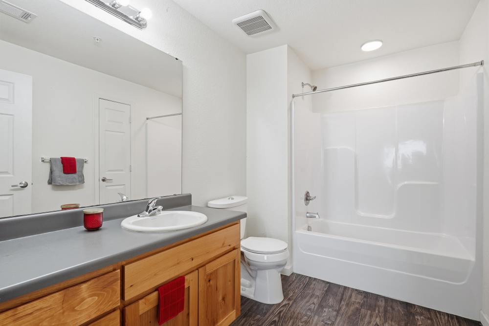 Modern bathroom with wooden accents and bright lighting at Wood Falls in Lebanon, Tennessee