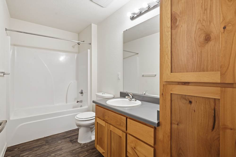 Modern bathroom with sleek fixtures and wood cabinetry at Wood Falls in Lebanon, Tennessee