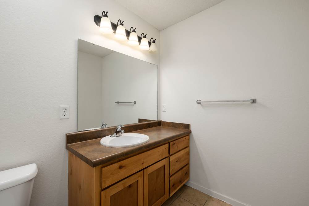 Bathroom vanity with wooden cabinet, brown countertop, white sink, and large mirror at Oaklawn Estates in Rogersville, Missouri 