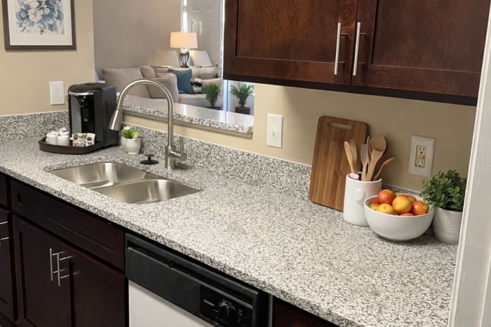 Modern kitchen with granite countertops and updated finishes at Walden Pointe in Griffin, Georgia