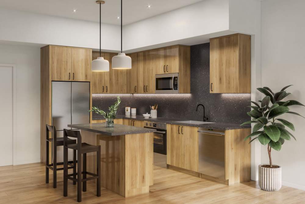 Kitchen with breakfast island at Haven + Arrow in Rancho Cucamonga, California