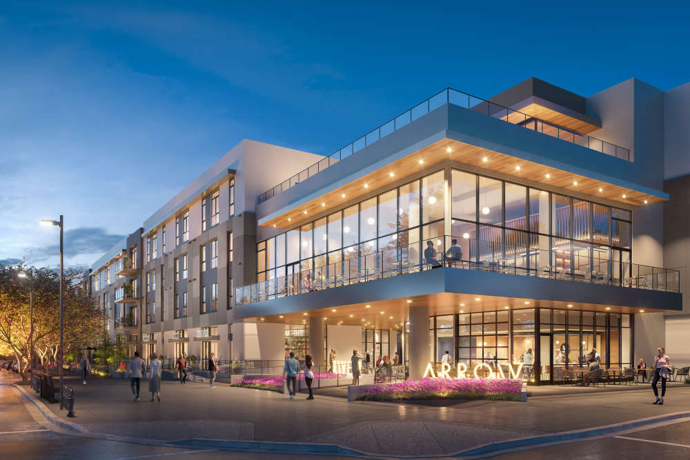 Building exterior view night time at Haven + Arrow in Rancho Cucamonga, California