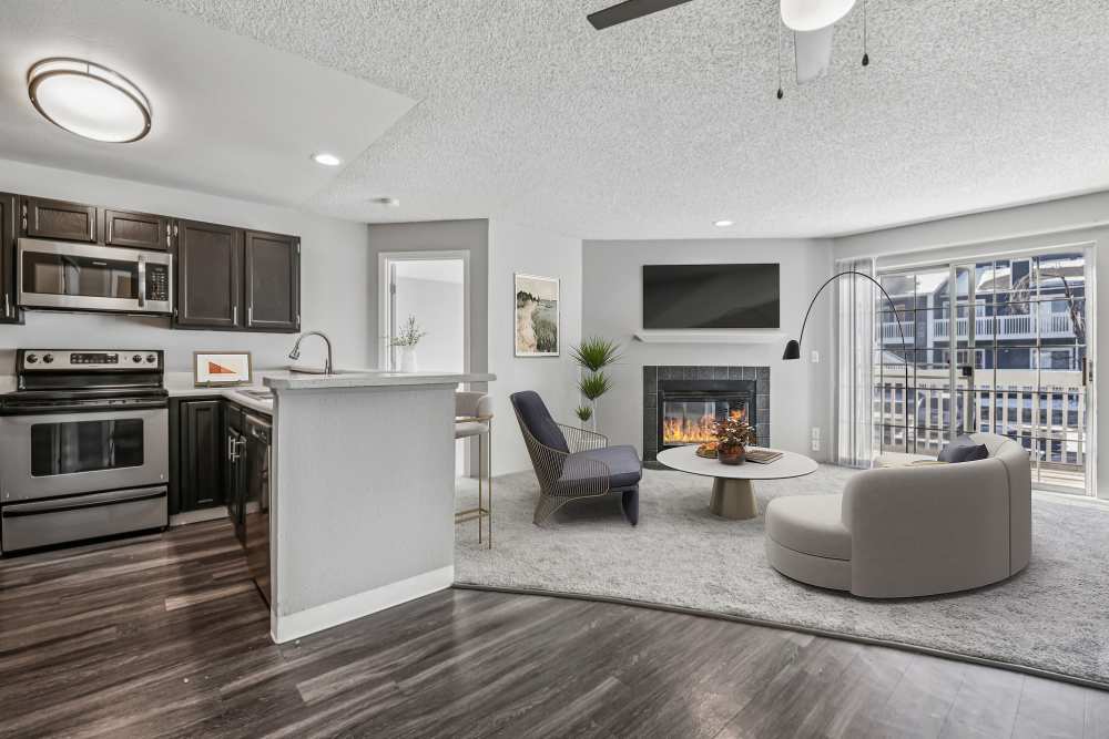 View of Kitchen with Black Cabinets and Stainless Steel Appliances and a living room with fireplace at Bluesky Landing Apartments in Lakewood, Colorado