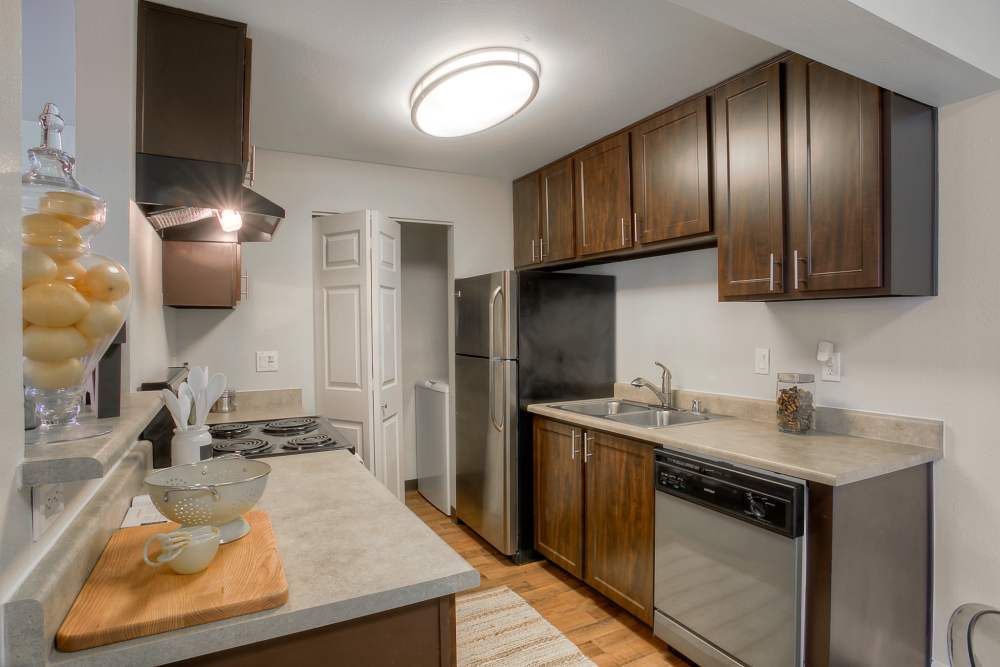 Kitchen with dome ceiling light  at Newport Crossing Apartments in Newcastle, Washington