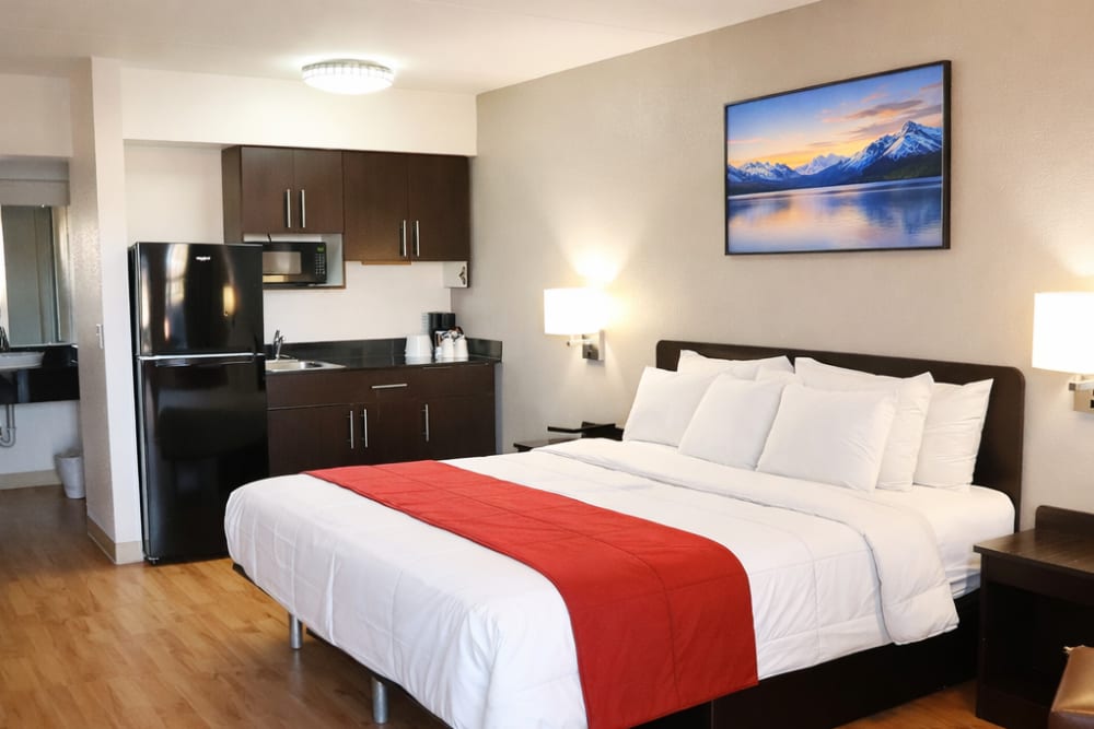 Studio home with open kitchen and bedroom at Trailhead Flats in Colorado Springs, Colorado