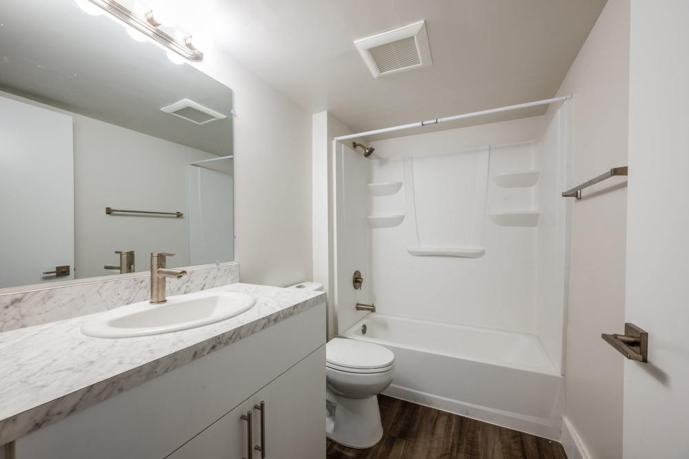 Bathroom with walk-in shower and storage vanity cabinet at Ernie Martin Villas in Miami, Florida