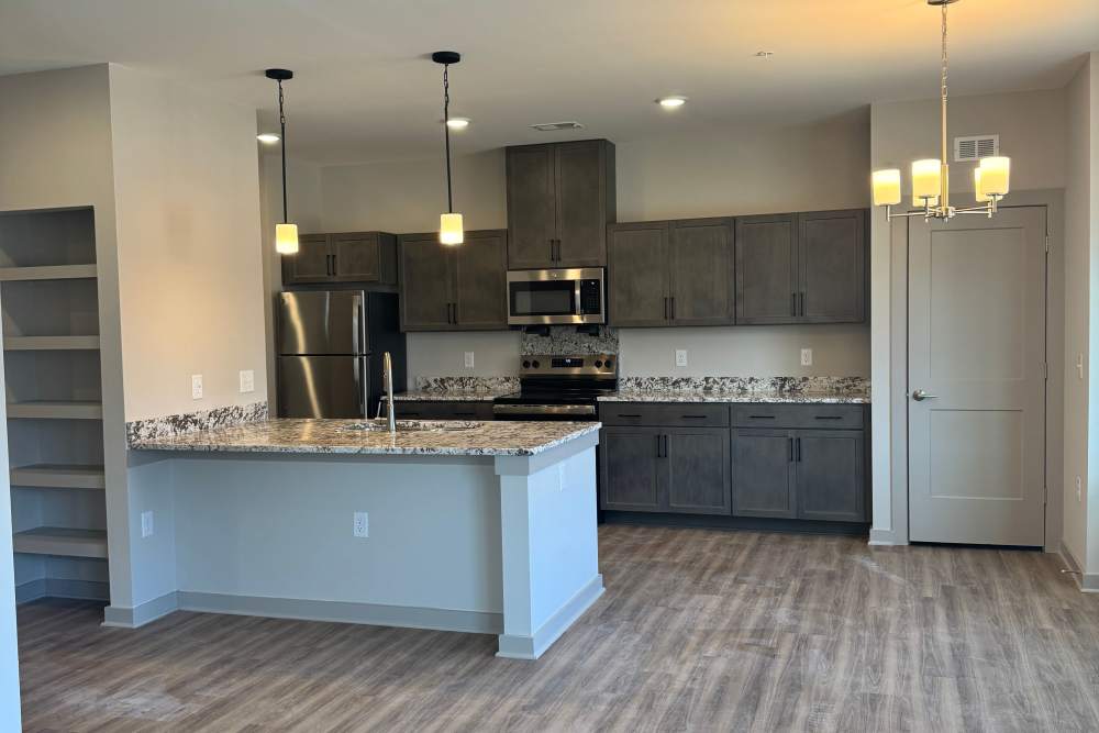 Fully equipped kitchen with stainless steel appliances and island at Stride in Durham, North Carolina
