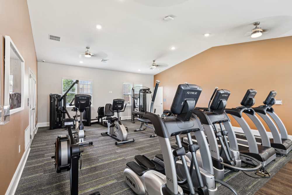 Fitness room with treadmills, ellipticals, weight machines, and windows along back wall at The Drake in Bowling Green, Kentucky