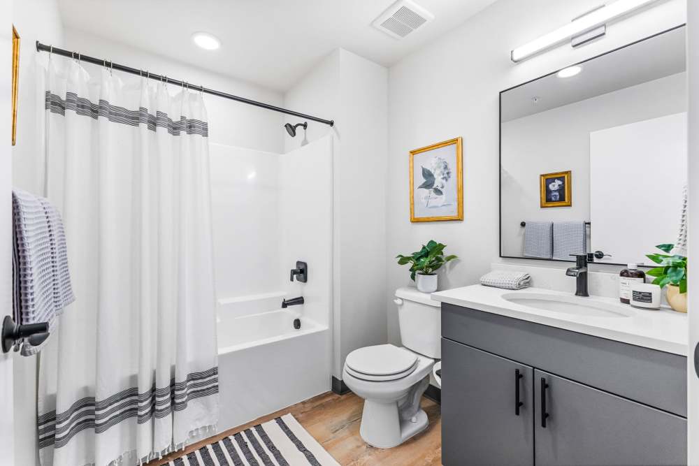 Bathroom with striped shower curtain, vanity, and framed art at Cartwright Apartments in Salem, Oregon