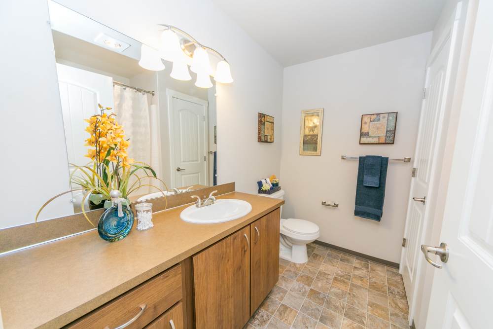 Bathroom with wood vanity, large mirror, and bright lighting at Columbia View in Vancouver, Washington