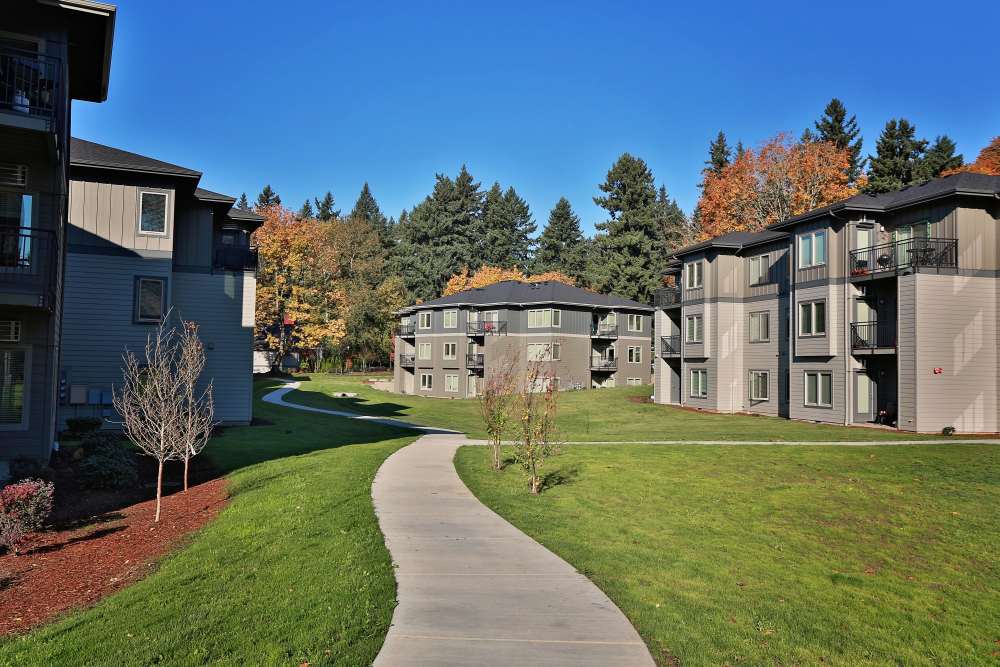 Curved path through landscaped courtyard between apartments at Columbia View in Vancouver, Washington