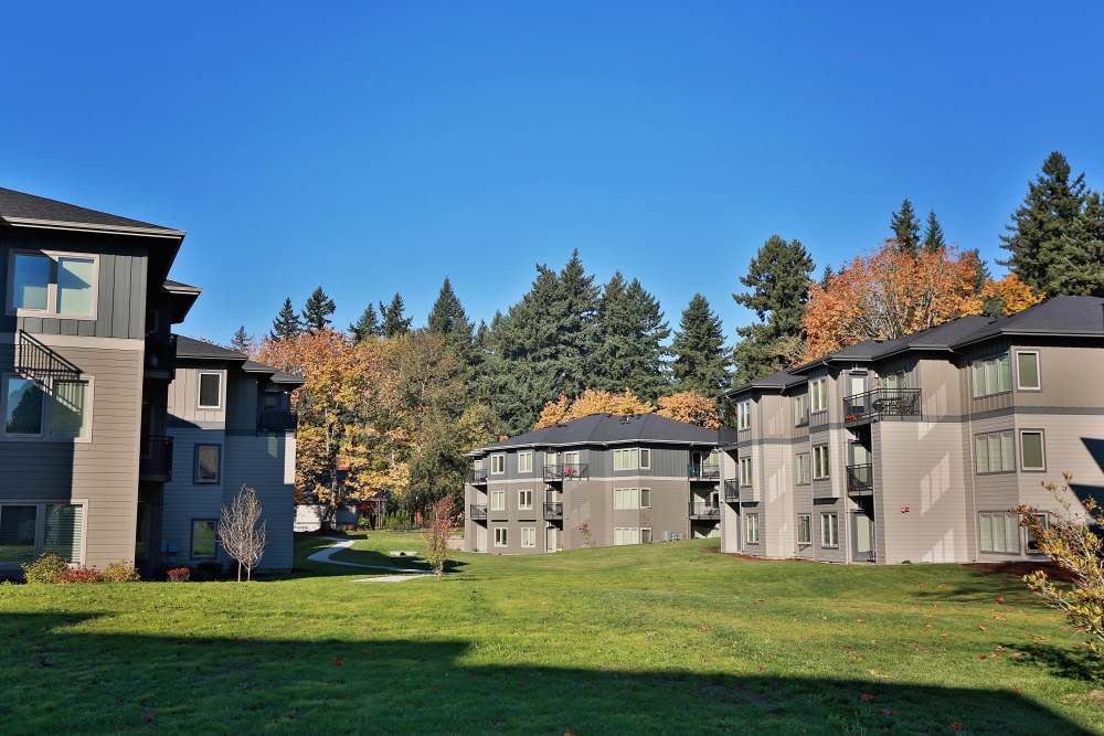 Apartment buildings with open grassy courtyard and trees at Columbia View in Vancouver, Washington