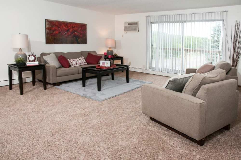 Bright living room with glass sliding door and carpet flooring at Valley Place Apartments in , Minnesota