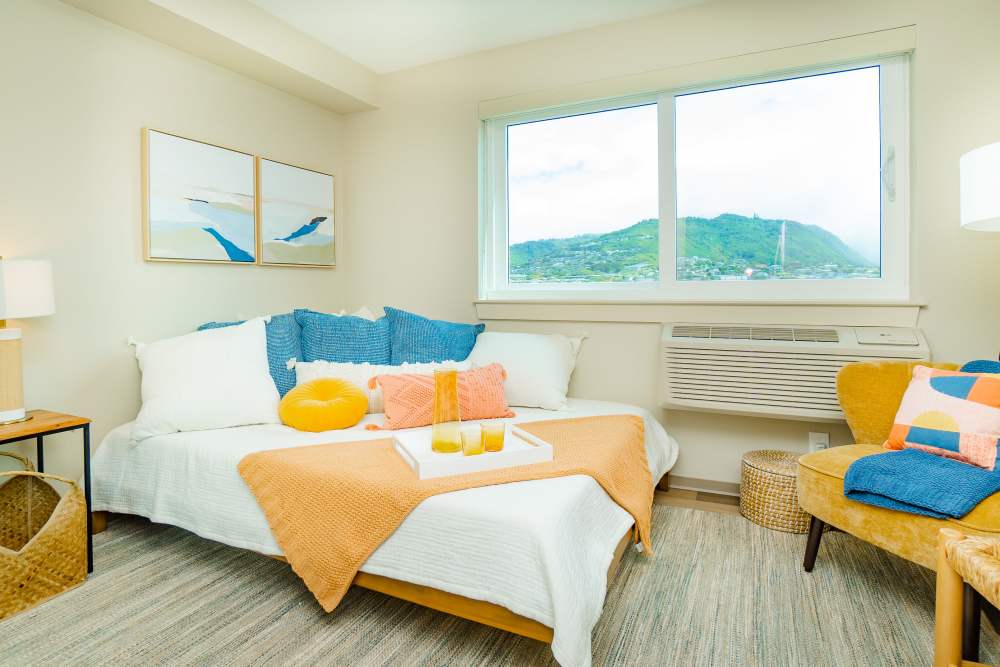 Apartment bedroom at Hale Makana O Moiliili in Honolulu, Hawaii