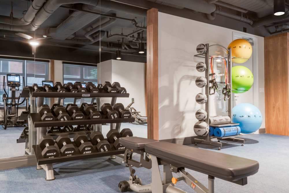 Dumbbells in the clubhouse at J Luna at Ballston in Arlington, Virginia