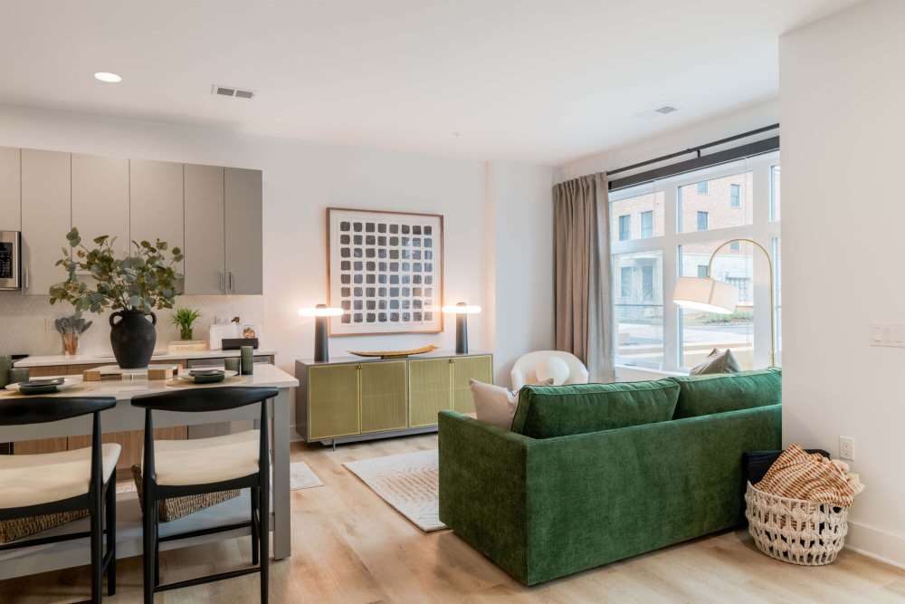 Apartment living area and kitchen at J Luna at Ballston in Arlington, Virginia