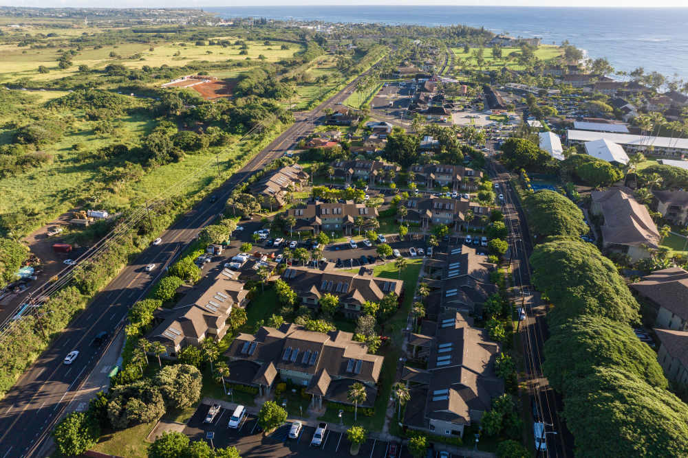 Community arial view with trees at Nalu Waipouli in , Hawaii