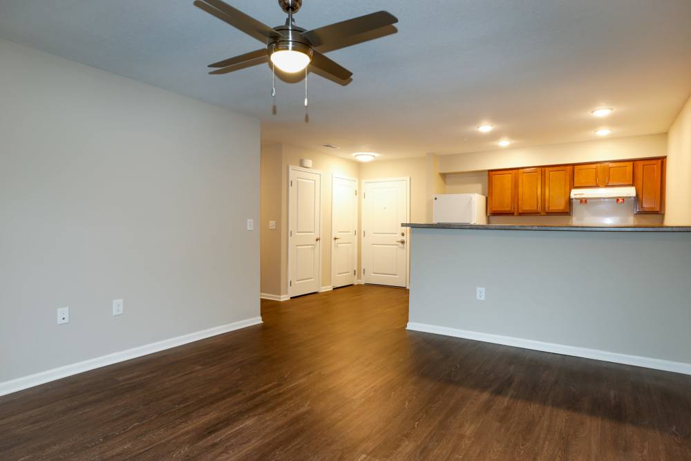 Open layout living area with wood-style flooring and granite countertops at Keyser Greene in Keyser, West Virginia