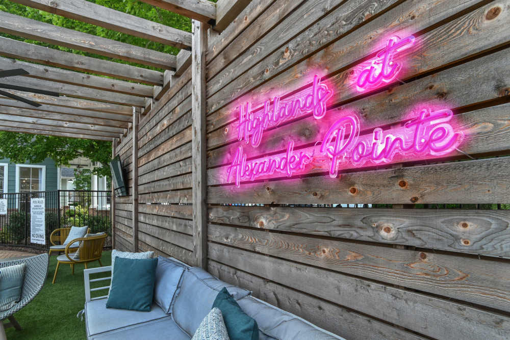 Cozy and comfortable outdoor seating space at Highlands at Alexander Pointe in Charlotte, North Carolina