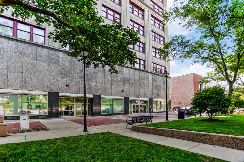 Community exterior shot with lush green trees at Stone Center Lofts in Wheeling, West Virginia