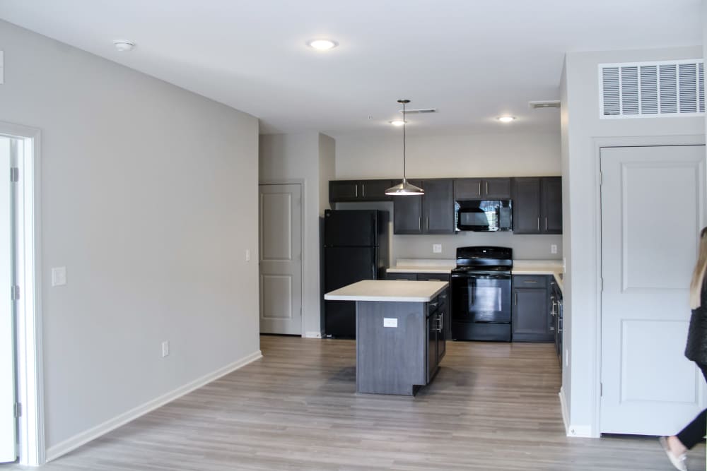 Kitchen with stainless steel appliances, and wood-style flooring at Jefferson's Landing in Louisville, Kentucky