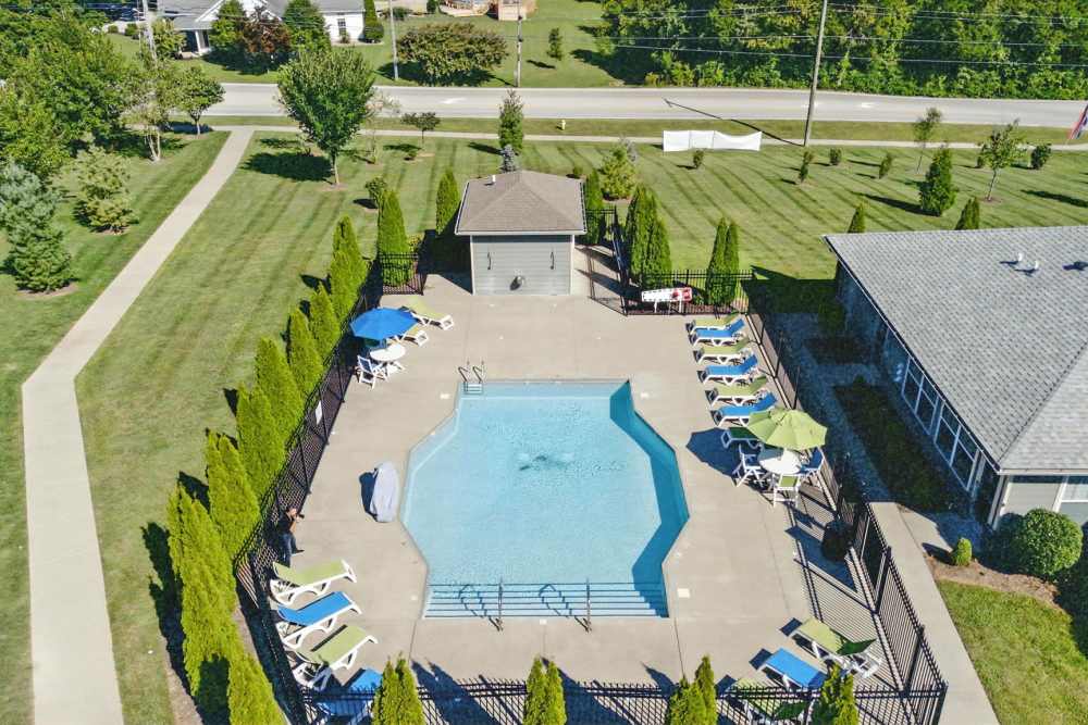 Aerial view of a sparkling pool surrounded by lounge chairs and landscaped greenery at Bristol Bluffs Apartments in Louisville, Kentucky