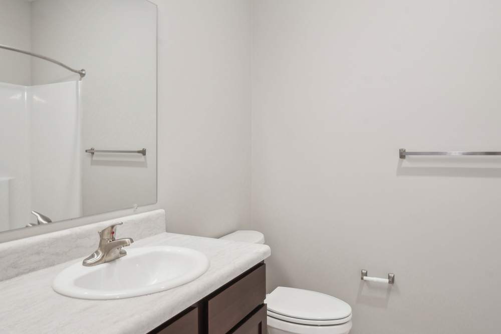 Modern bathroom with a white sink, dark cabinetry, and a shower stall at Lone Oak Meadows in Louisville, Kentucky