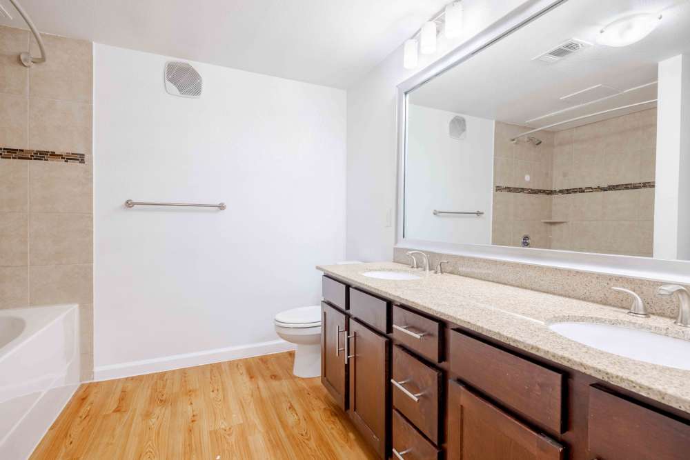 Modern bathroom in Austin, Texas with tub/shower combo, double vanity, large mirror, and stylish fixtures.