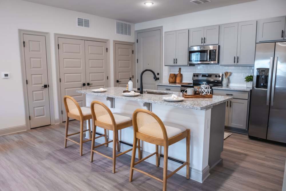 Modern apartment kitchen at The Heights at Waterpointe in Flowood, Mississippi