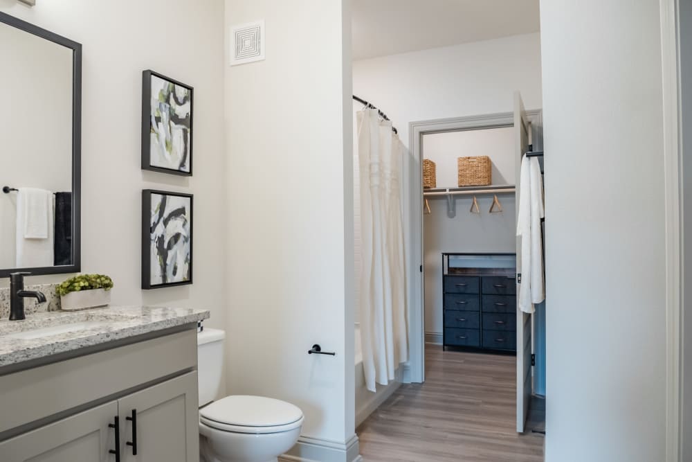 Modern bathroom with large mirror, tub, and closet storage at The Heights at Waterpointe in Flowood, Mississippi