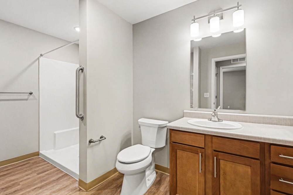 Modern bathroom with wood-style flooring, walk-in shower, and stylish vanity with ample storage at Bridlewood Crossing in Louisville, Kentucky