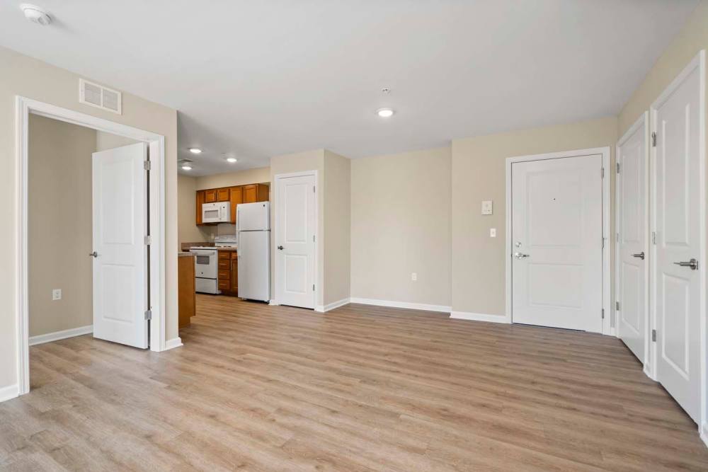 Open layout with wood-style flooring and kitchen featuring stainless steel appliances and wooden cabinets at Edison Crossing in Mount Clemens, Michigan