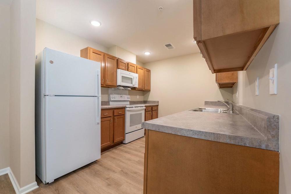 Modern kitchen with stainless steel appliances, granite countertops, and wood-style flooring at Annika Place in Traverse City, Michigan