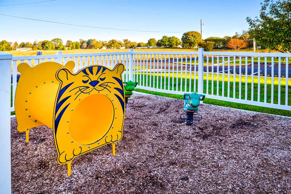 Colorful playground with a tiger tunnel and green spring riders on wood mulch at Mason Greene in Monticello, Kentucky