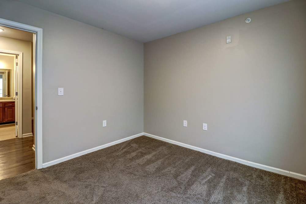 Empty room with carpet flooring and a doorway leading to a bathroom with wooden cabinetry at Oliver Crossing in Linden, Tennessee