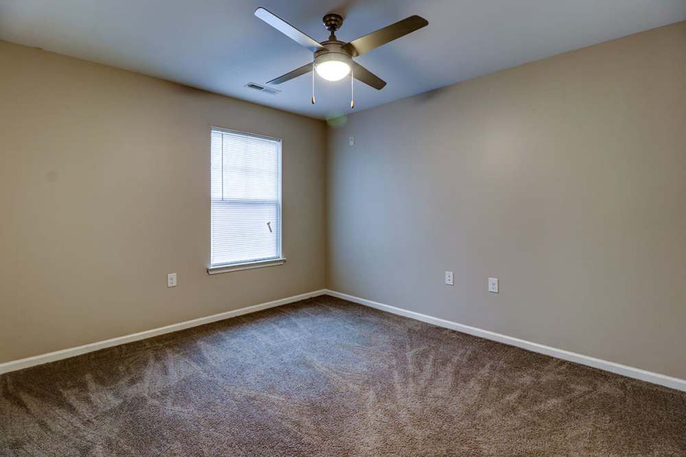 Spacious bedroom with ceiling fan, carpeted flooring, and natural light from window at Oliver Crossing in Linden, Tennessee