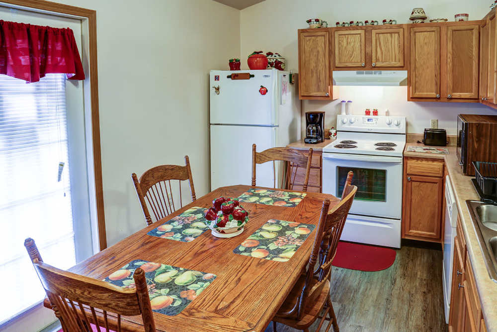 Cozy kitchen with wooden dining table, stainless steel appliances, and wood-style flooring at Paint Landing in Stambaugh, Kentucky