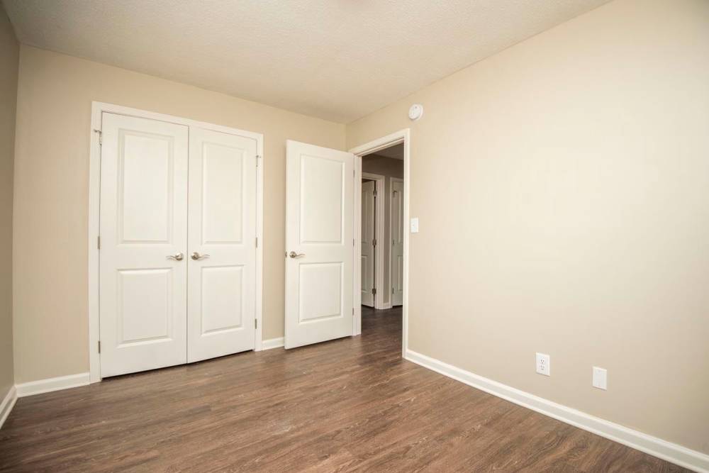 Spacious room with wood-style flooring and double closet doors in neutral tones at Plainsview Greene in Tellico Plains, Tennessee