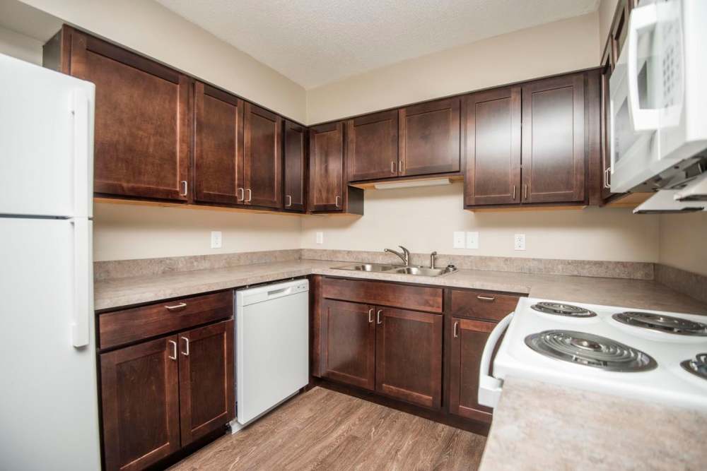 Modern kitchen with dark wood cabinets, stainless steel appliances, and granite countertops at Plainsview Greene in Tellico Plains, Tennessee