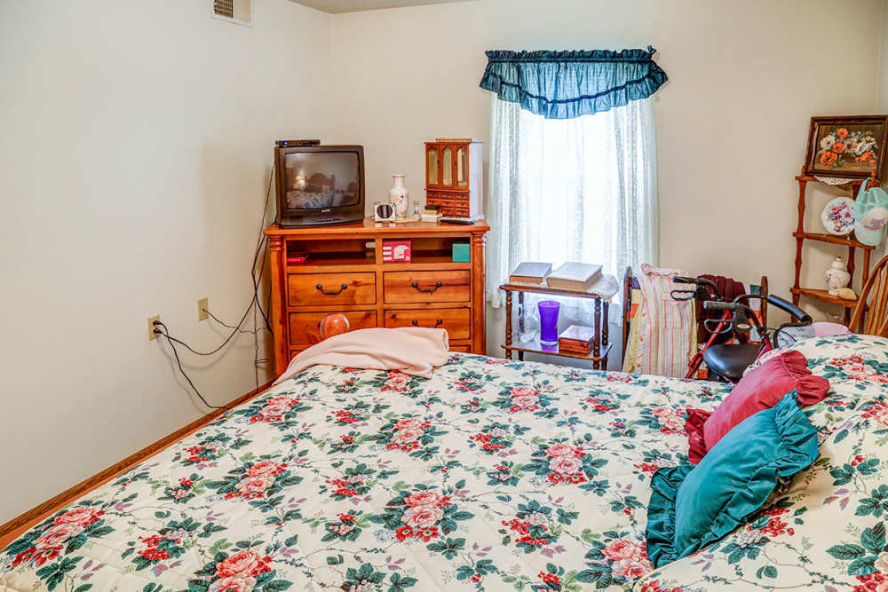 Pleasant bedroom with floral bedding, wooden dresser, vintage TV, and natural light from window at Sawgrass Greene in Grayson, Kentucky