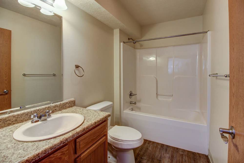 Modern bathroom with granite countertop, wood-style flooring, and shower-tub combination at Sterling Greene in Fayetteville, Tennessee