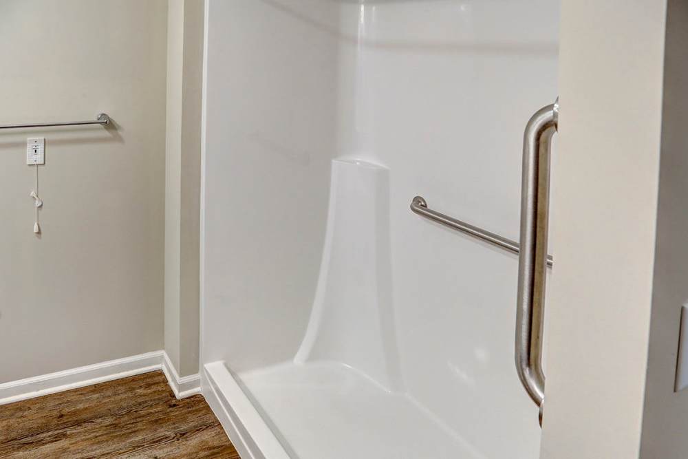 Accessible shower with grab bars and wood-style flooring at Tristan Ridge in Eminence, Kentucky