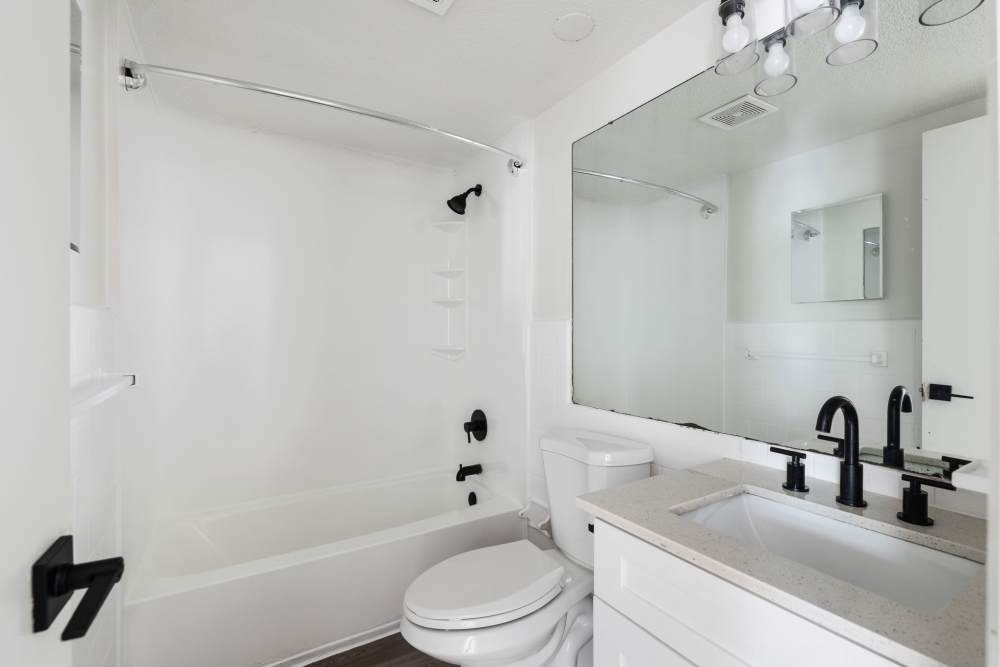 Bathroom with white tub‑shower, single‑sink vanity with black fixtures, toilet, and large mirror at Palmetto Square in Charleston, South Carolina  
