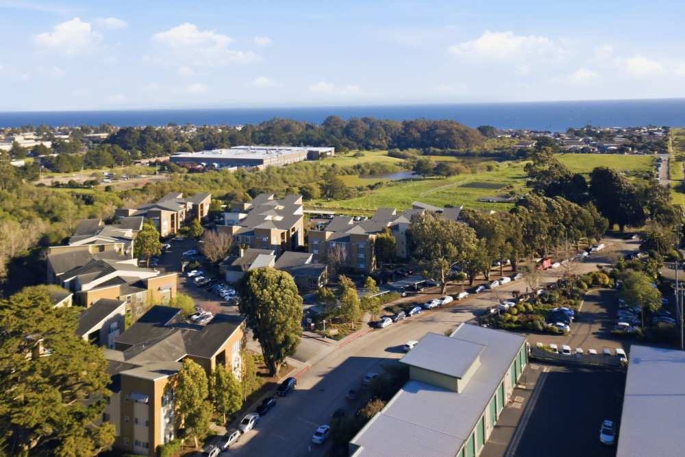 Aerial view of apartment community with greenery at Pacific Shores in Santa Cruz, California